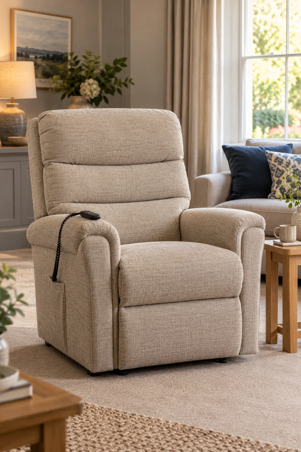 Illustrative upholstered recliner in a welcoming living room